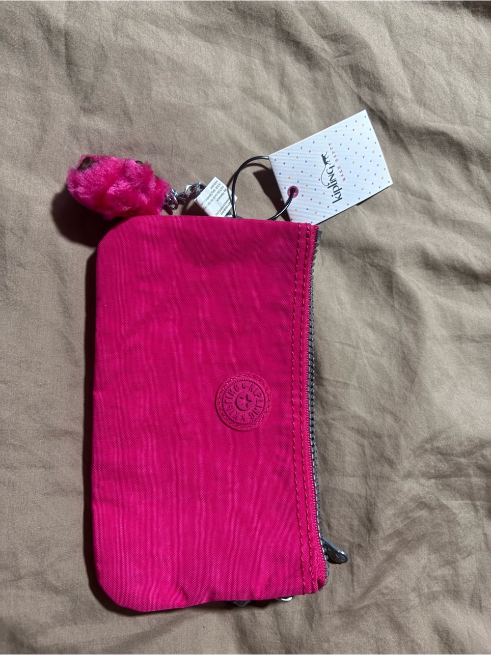 Kipling Hot Pink Kids Zip Pouch with Pom-Pom Charm